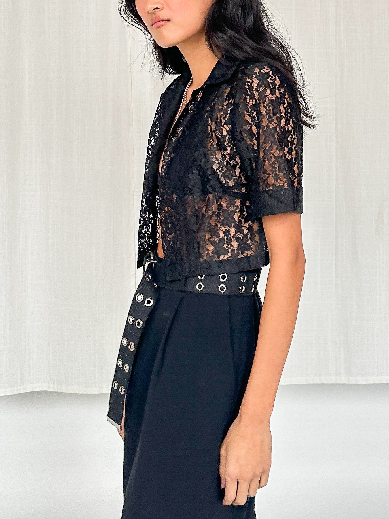 Black Sheer Lace Cropped Cardigan (S) - 2
