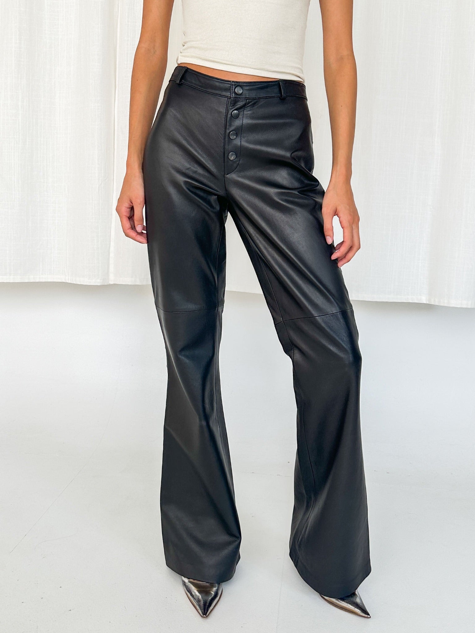 Black Leather Flared Studded Pants (M) - 2