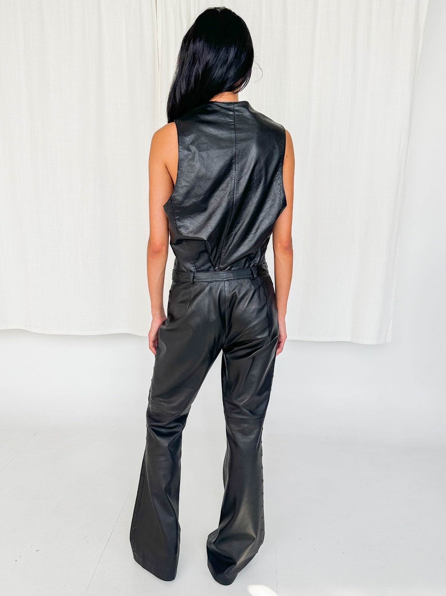 Black Leather Flared Studded Pants (M) - 4