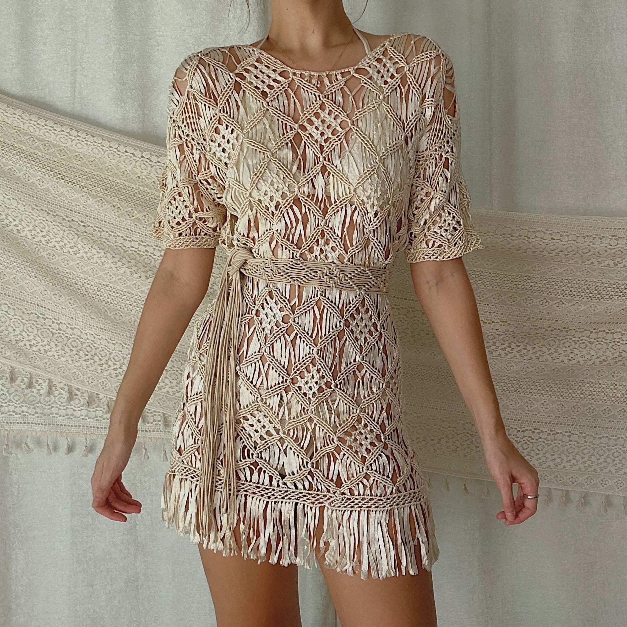 90's Cream Ribbon Crochet Fringe Dress / SZ S-M - 1