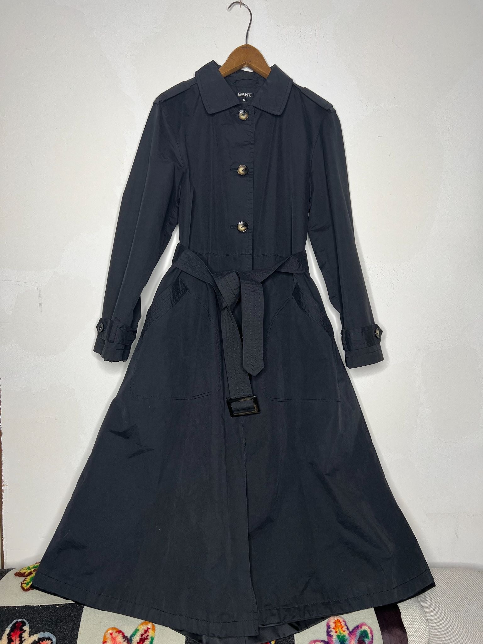 90s DKNY Matte Black Trench Coat Dress - 1
