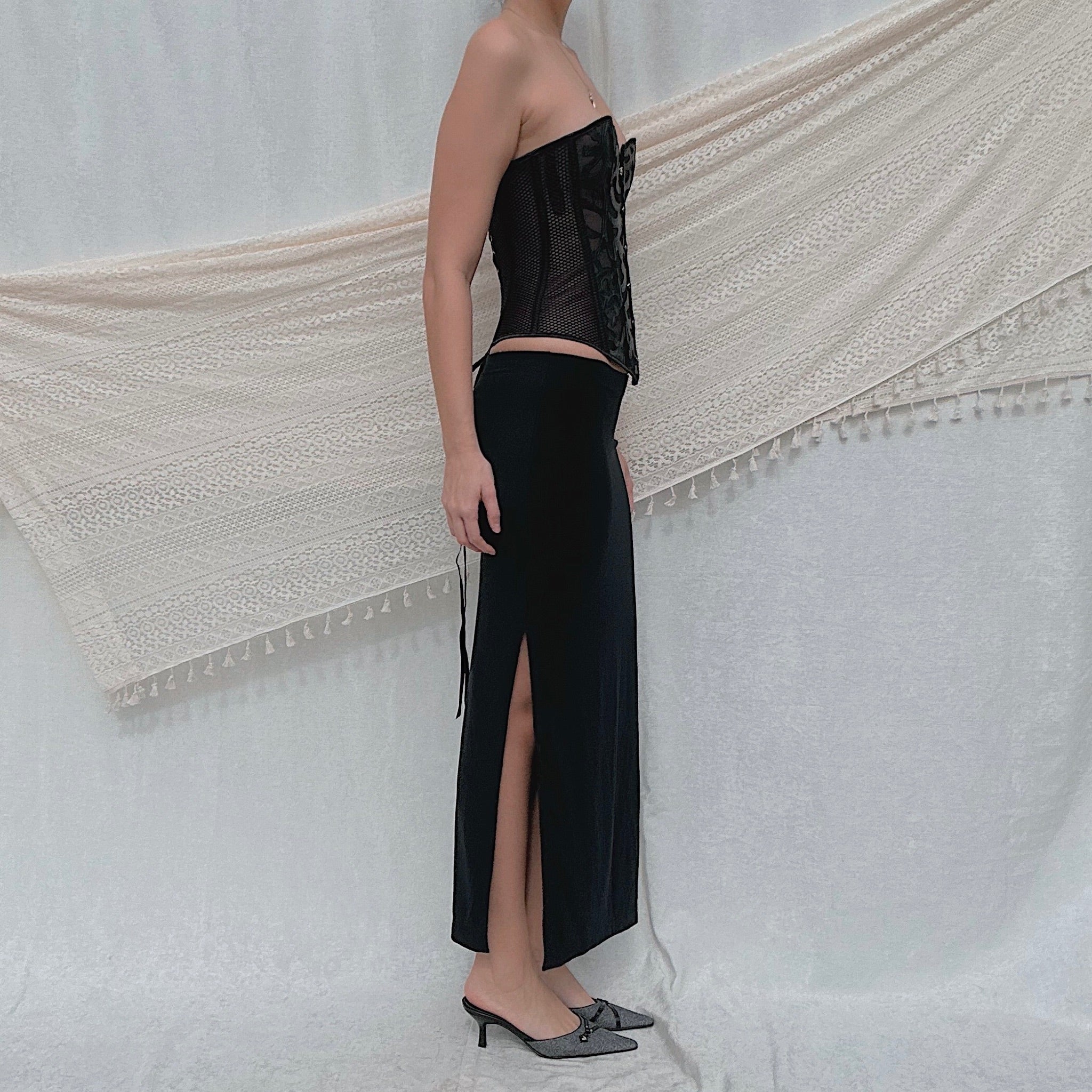 90's Black Slinky Slit Maxi Skirt / SZ XS-S - 3