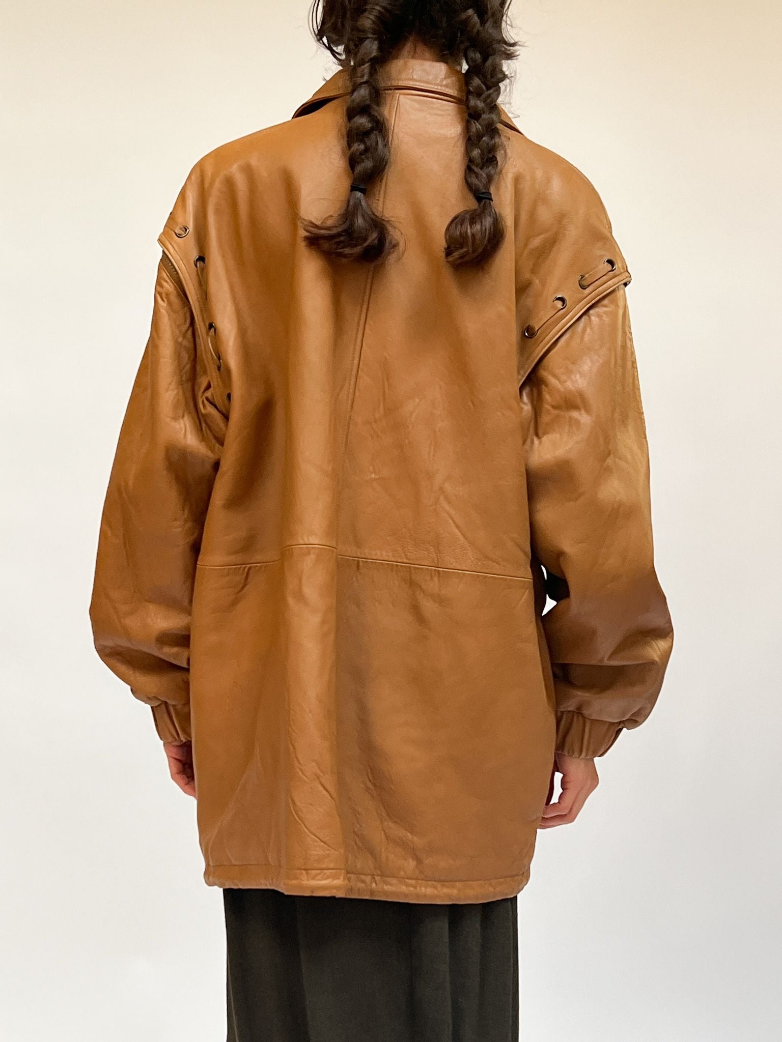 Caramel Leather Laced Sleeve Bomber - 3