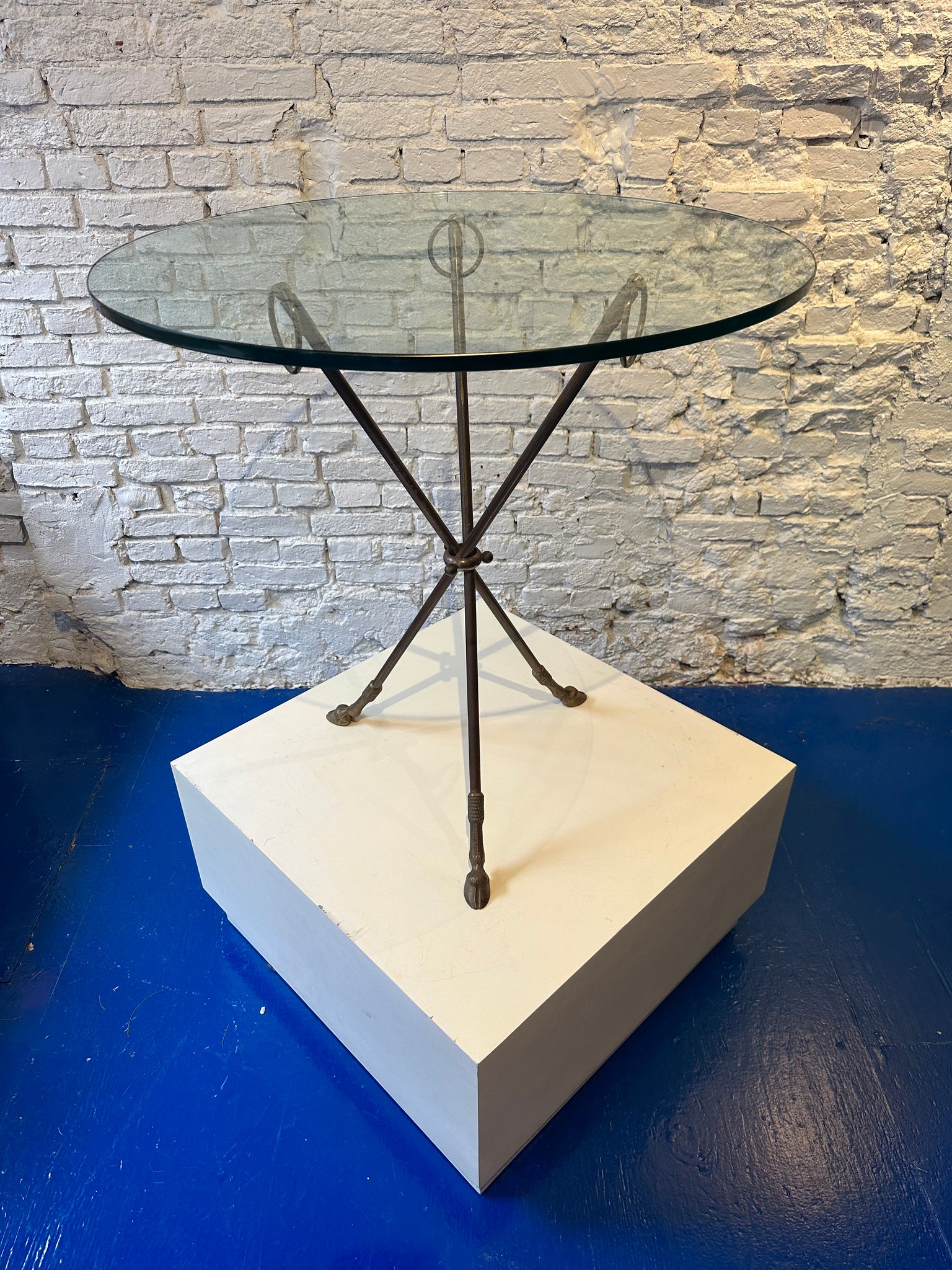 Vintage Glass Tripod Glass Table w/ Brass Horse Legs